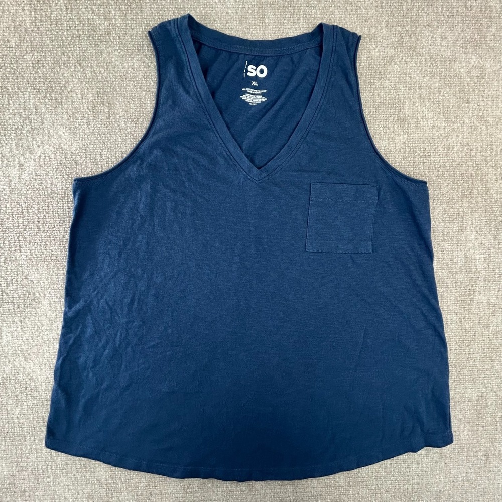 So Good For Life Tank Top Womens XL Blue Cotton Patch Pocket Curved Hem V Neck - Picture 2 of 9
